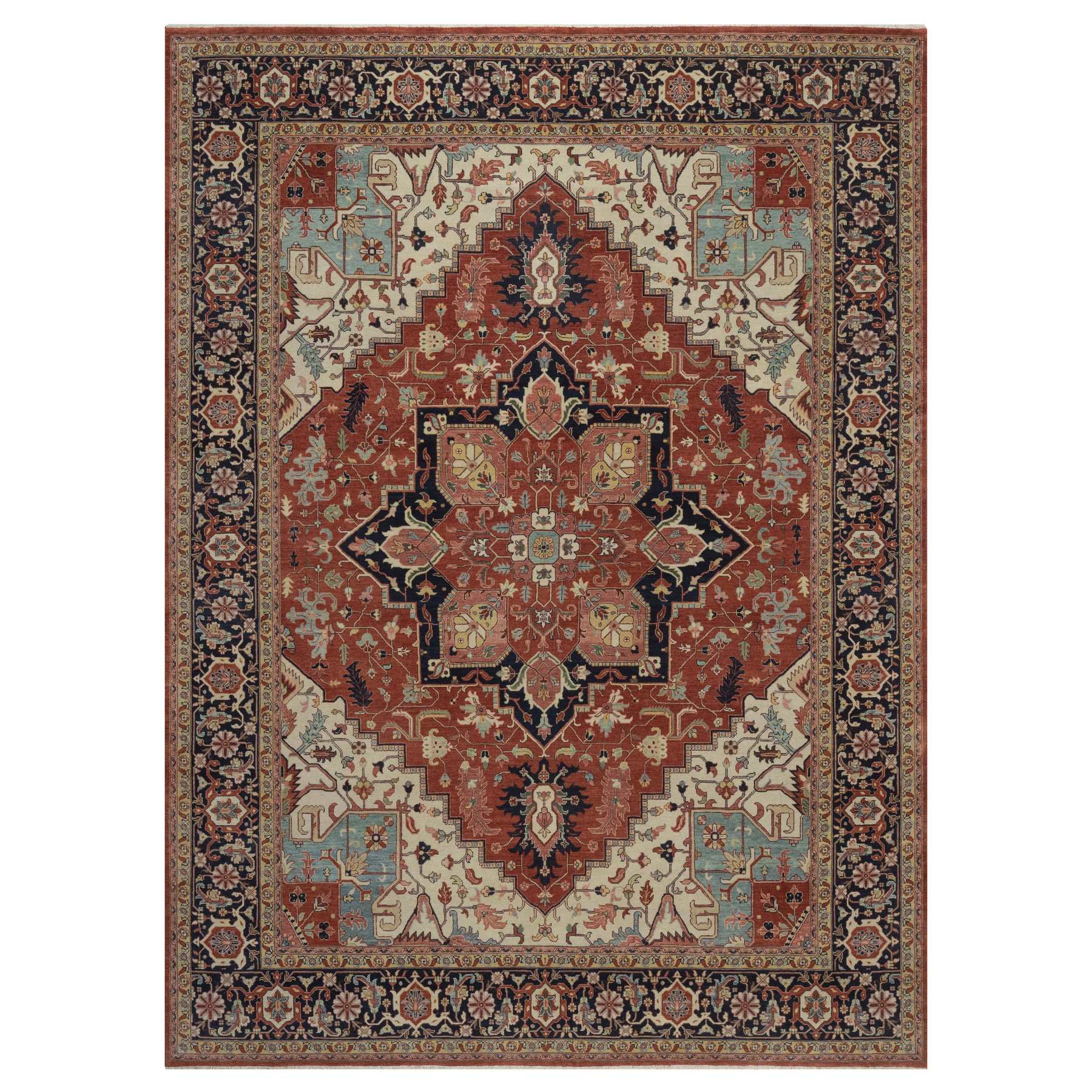 8'8"x12' Auburn Red, Antiqued Fine Heriz Re-Creation, Medallion Design, Hand Knotted, Hand Spun New Zealand Wool, Denser Weave, Vegetable Dyes, Oriental Rug 